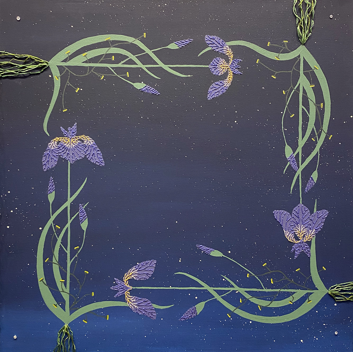 Cierra Zielaskowski, Dragonflies Among Irises, Acrylic and Embroidery