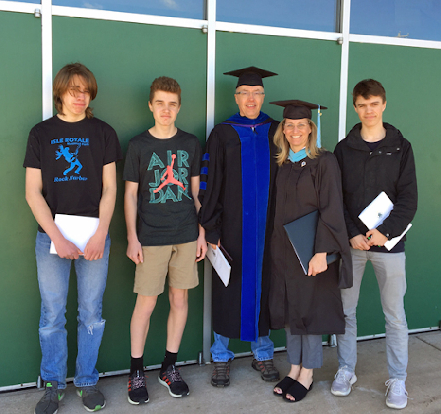 The Phillips family at Cathy's first master's degree graduation at NMU, 2019