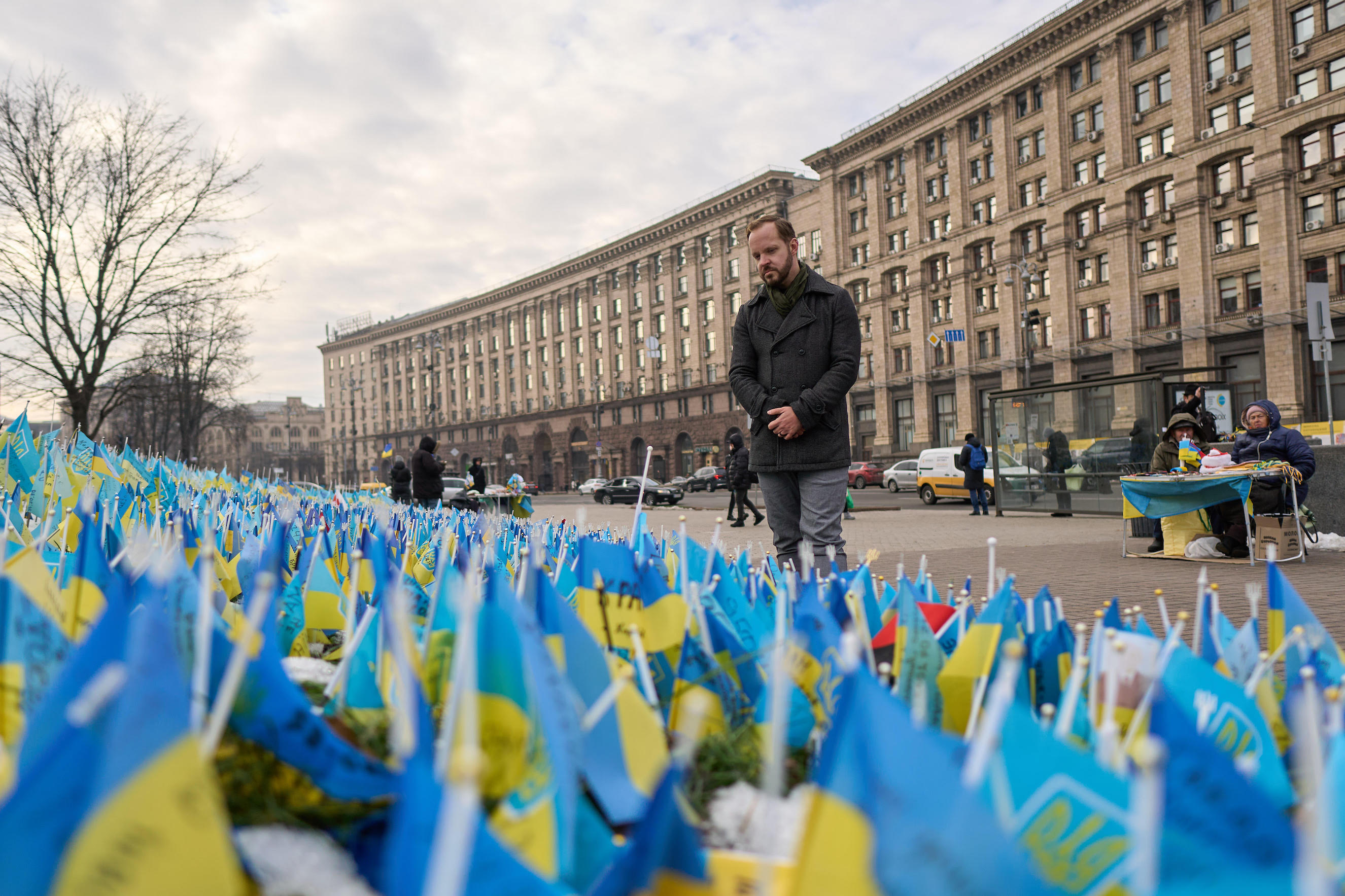 Kyiv’s Maidan Nezalezhnosti (Independence Square), with memorial flags for both Ukrainian and foreign soldiers who have been killed by Russian forces since the Feb. 24 invasion (David Neparidze photo)