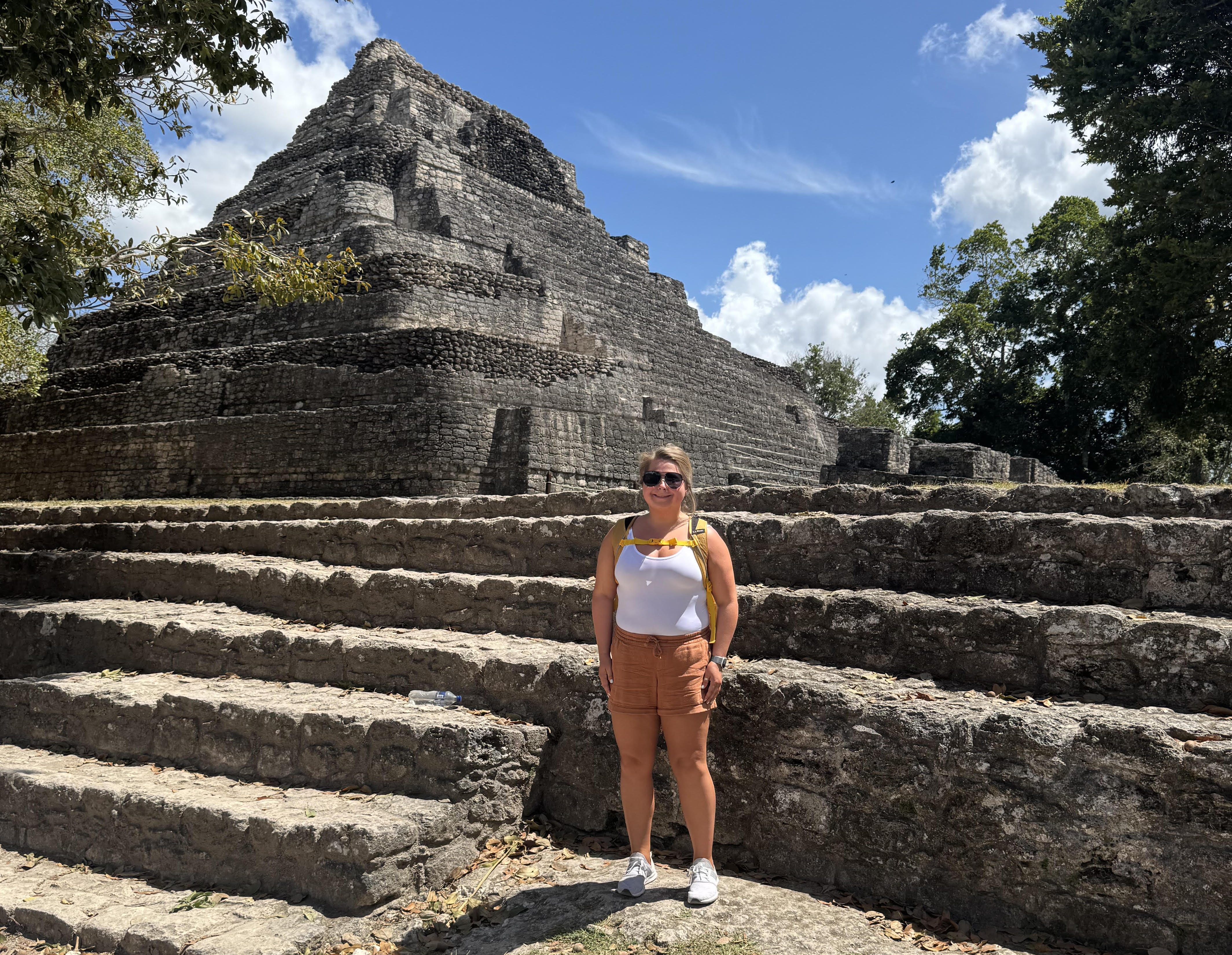 Christensen in front of the Chacchoben Archaeological Zone outside of Costa Maya, Mexico, during a vacation this past spring.