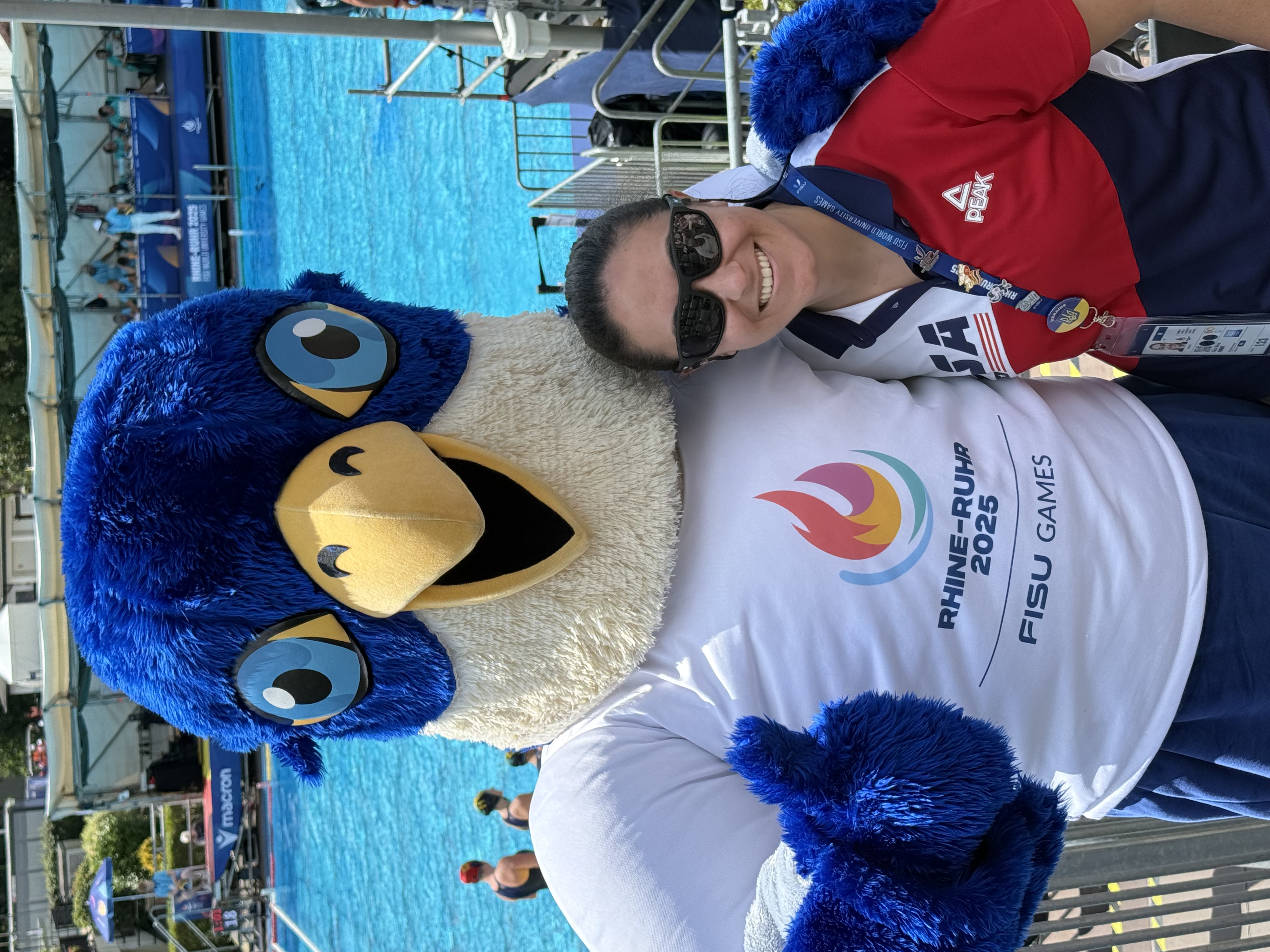 Knight with Wanda, the mascot for the 2025 FISU World University Games