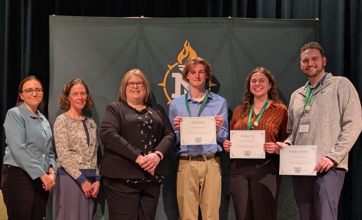 From left: Lindsay Haukkala, Susy Ziegler and Dana Jackson-Hardwick from Graduate Studies & Research with undergraduate 3MP winners Lars Anderson, first place; Alivia Sherer, runnerup; and Ian Grochowski, People's Choice
