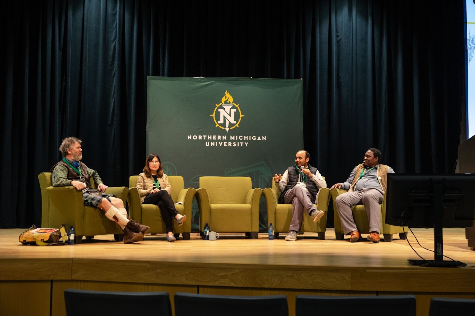 Faculty participants in the scholarly "buzz session" were (from left): Dr. Robbie Goodrich, History; Dr. Caroline Cheng and Vikash Kumar, Social Work; and Dr. Jelili Adebiyi, Earth, Environmental and Geographical Sciences  Dr. Vikash Kumar - Social Work Department