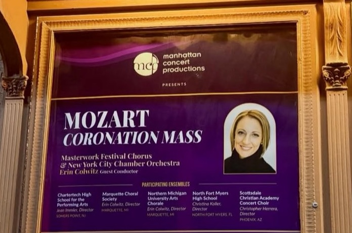 Closeup of the Carnegie marquee with Colwitz and mentions of the NMU and other ensembles she conducted