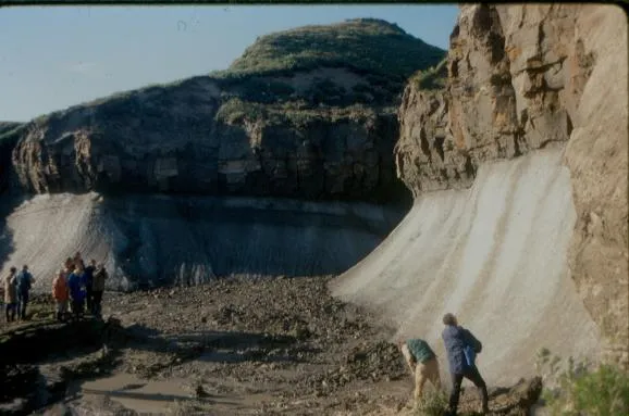 Massive ground ice in the Yamal Peninsula (northwestern Siberia), exposed when a large section of the active layer became detached and moved downhill.