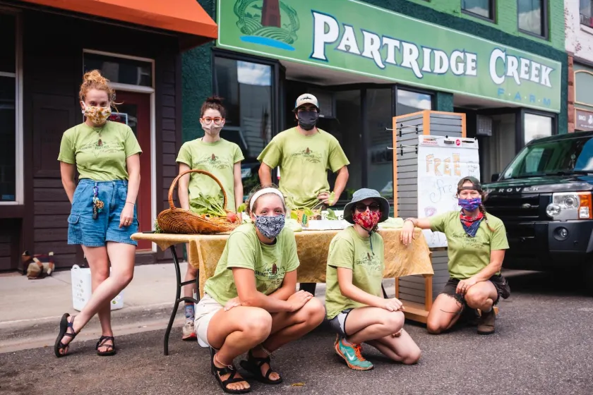 At a Farm Fresh Friday: (kneeling from left) Lizzy Stark, Allison Fron, May Tsupros; (standing from left) Calista Rockwell, Natalie Nesburg, Brendan "Buck" O'Connor. Not pictured: Emily Bateman