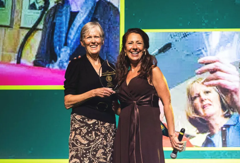 Mulligan-Kehoe (left) with co-emcee Cynthia Thompson