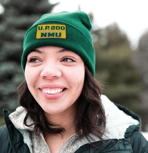 NMU student Brianna Sartin sporting a beanie with the new name