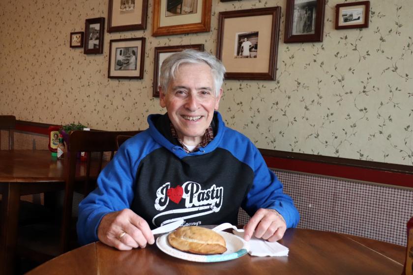 Magnaghi lunching on an iconic pasty at Lawry's in Marquette