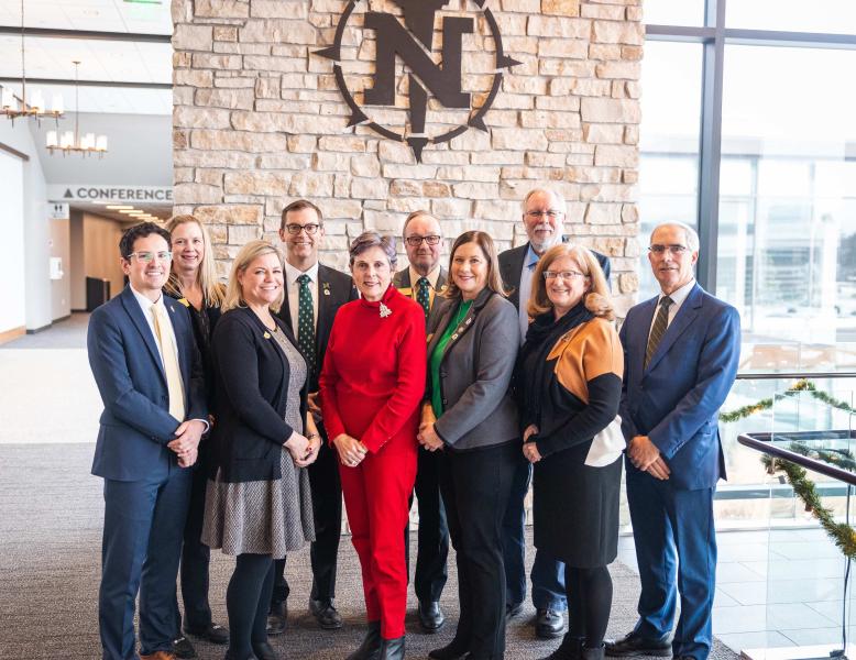 (Front L to R): Trustee Jason Morgan, Board Vice Chair Alexis Hart, President Kerri Schuiling, Trustees Lisa Fittante, Tami Seavoy and Robert Mahaney; (Back L to R) Trustee Missie Holmquist, incoming President Brock Tessman, Board Chair Steve Young and Trustee Greg Seppanen