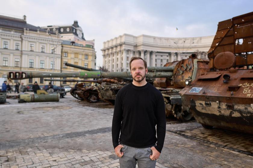 Kyiv’s St. Michael’s Square, where destroyed Russian military equipment is displayed. Maki said such exhibits have been created around the world to offset Russian disinformation about no war actually happening or that losses are minimal. (David Neparidze photo)