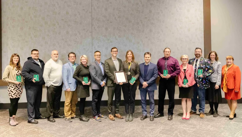 (From left): Carlson, Doney, Jeevar, Lubig, Cameron-Standerford, Steve VandenAvond, Tessman, Thompson, Kapla, Logan, Boyer-Davis, Digneit, Ziegler and Johnson.