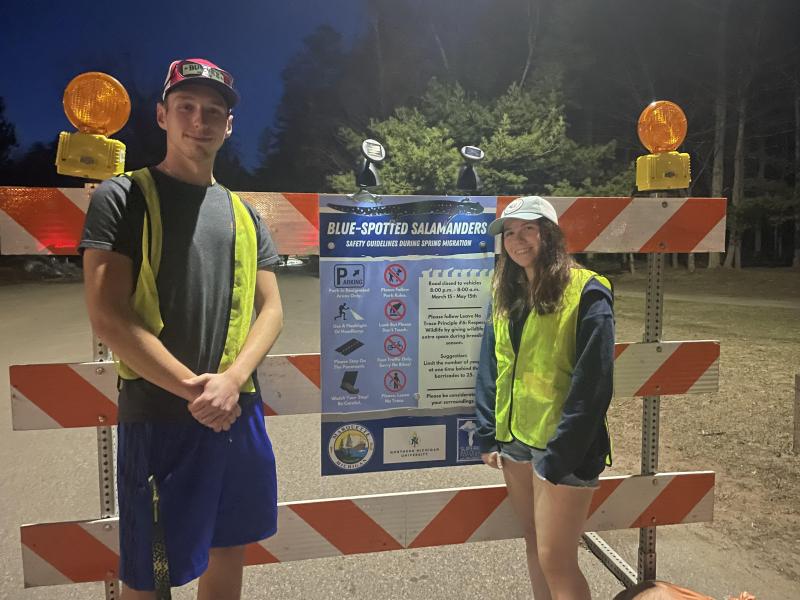 Luke Childs and Anna Hill on duty during the salamander migration at Presque Isle Park.
