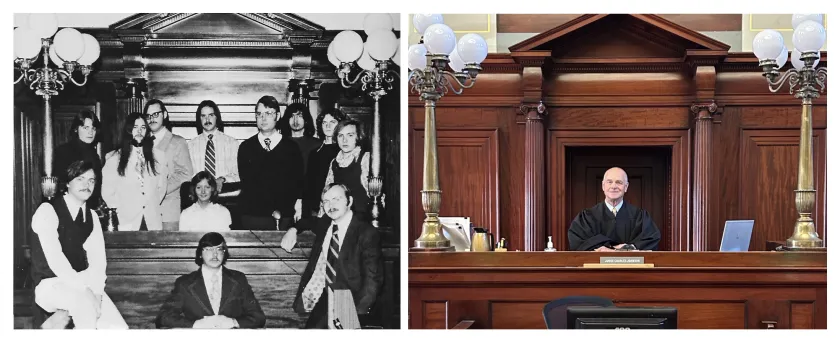 Charles "Chuck" Johnson is pictured lower left in the 1975 yearbook photo and as a presiding judge in the same courtroom earlier this month. The yearbook photo shows (front row L to R): Johnson, president of the Pre-Law Society; John Rogers; and Doug Courtney. Back Row L-R: Jeff Swarbich, vice president; Dennis Baldinelli; Greg Rose; Liz Polloch, Secretary; Dick Ralph; Dr. John Ashby, Adviser; Larry Ziehm; Jeff Wellman; and Dave Reinhard.