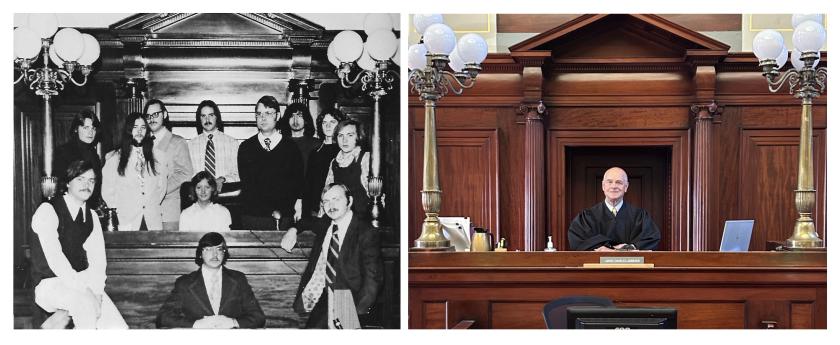 Charles "Chuck" Johnson is pictured lower left in the 1975 yearbook photo and as a presiding judge in the same courtroom earlier this month. The yearbook photo shows (front row L to R): Johnson, president of the Pre-Law Society; John Rogers; and Doug Courtney. Back Row L-R: Jeff Swarbich, vice president; Dennis Baldinelli; Greg Rose; Liz Polloch, Secretary; Dick Ralph; Dr. John Ashby, Adviser; Larry Ziehm; Jeff Wellman; and Dave Reinhard.