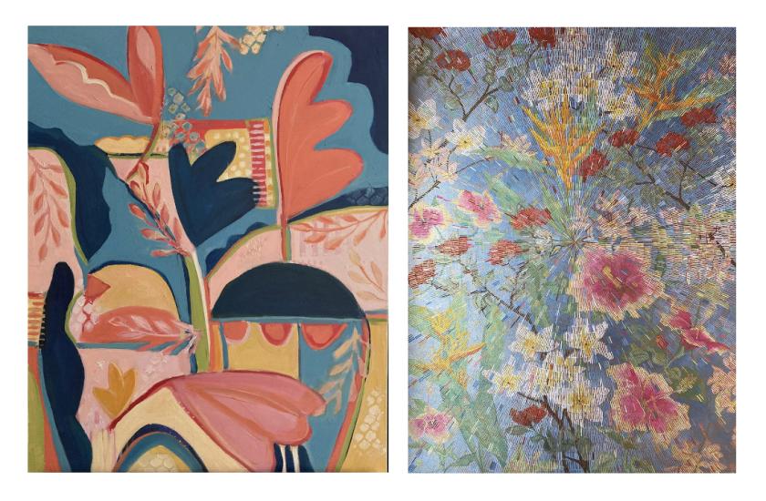 (From left): Catherine Benda, "Interior Concepts," 2023, acrylic; and Carrie Flaspohler VanderVeen, "Profusion," 2023, gouache on paper
