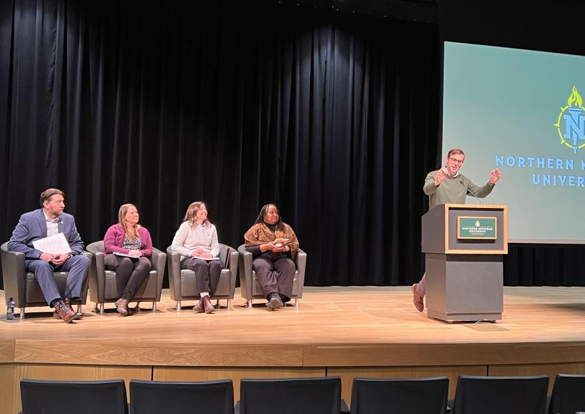 President Brock Tessman introduces presenters (from left): Jeff Korpi, Kari Garcia, Jes Thompson and Shawnrece Campbell