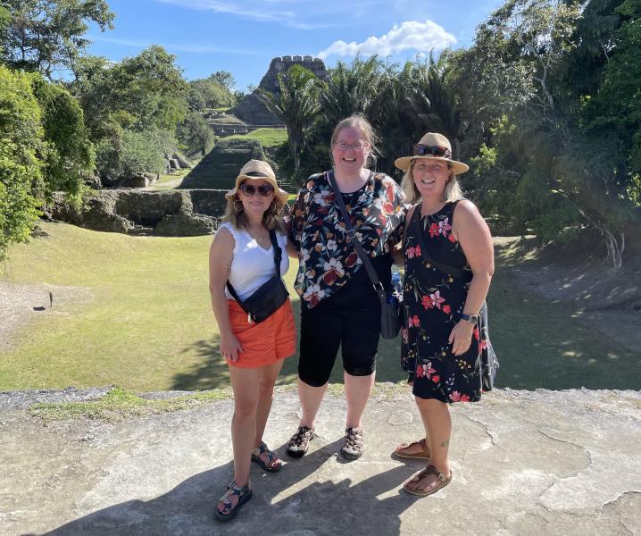 From left: White, Kennedy and Bergh at the Xunantunich Mayan Ruins in Belize during their preliminary site visit to San Ignacio.