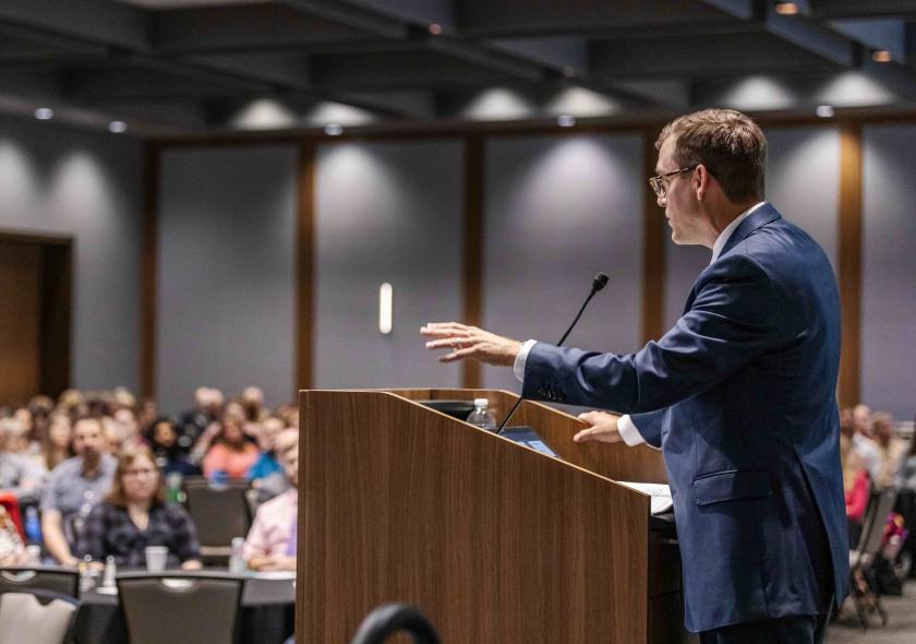 President Brock Tessman delivering his first convocation last fall.