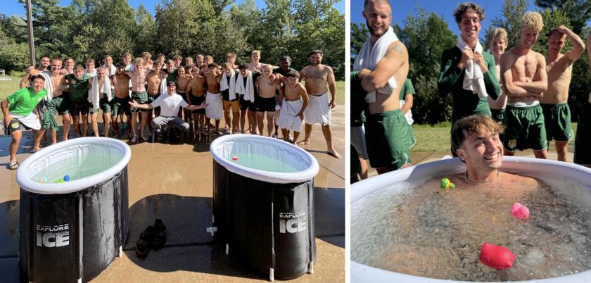 Left photo: Mann (center front) with the team behind the ice tubs. Right: a player "chills" as teammates watch