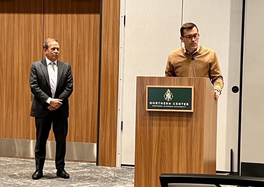 President Brock Tessman (right) and Gavin Leach at the forum