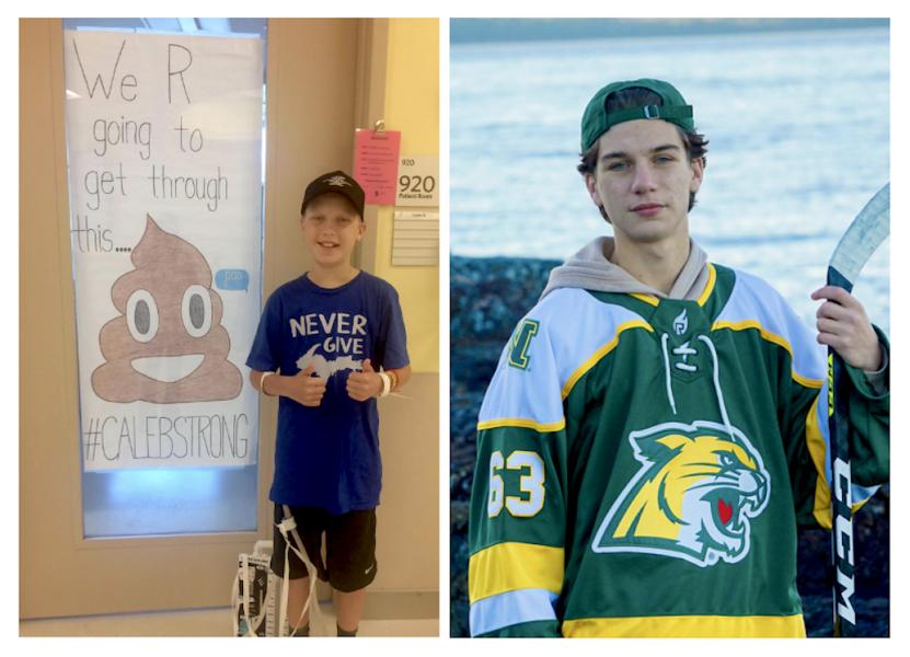 Caleb Bell in the hospital at 12, and in his NMU club hockey jersey