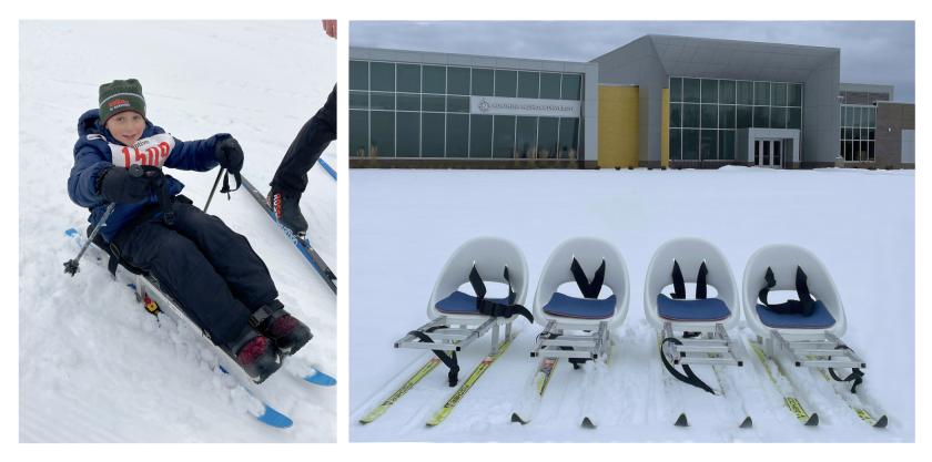 Oskar on a borrowed sit-ski at the Noque (Melissa Alan photo); and the four new sit-skis built at NMU for the SSC (Kevin Carr photo).