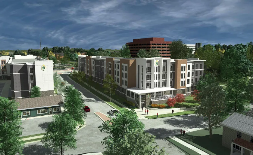 Architectural rendering of apartments.