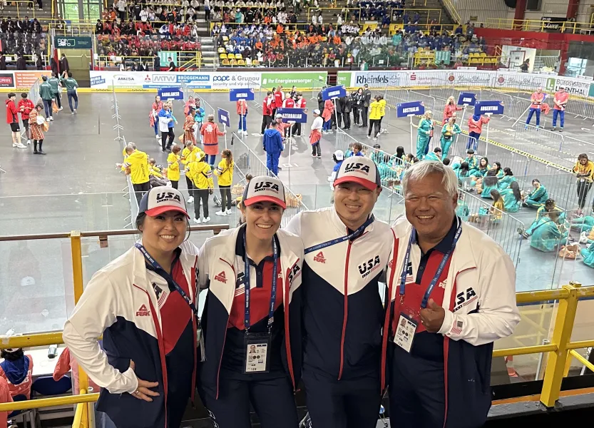 The USA delegation of athletic trainers at the World University Games (from left): Justine Coliflores, NMU alumna Abby Knight, Michael Hoang and Paul Alvarez.
