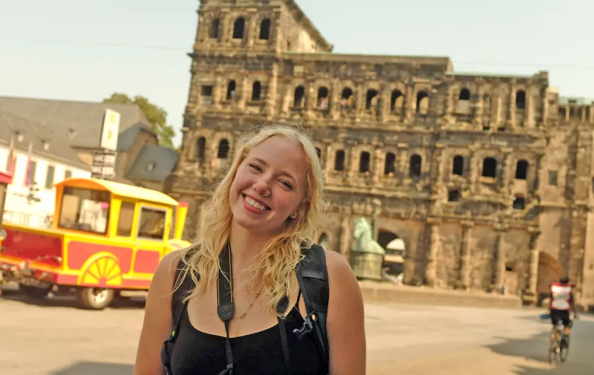 Locke in front of Roman Ruins in Trier, Germany (the country's oldest city)