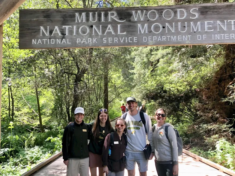 An NMU survey team at John Muir Woods National Monument (from left): Carson Piette, Mackenzie Geary, Rosie Mousseau, Sam Kearney and Jes Thompson