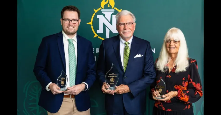 Award recipients (from left): Ian Lewis ('18 BS, '22 MPA) of Laurium, Outstanding Young Alumni; Dr. Peter LaPine ('76 MA) of East Lansing, Distinguished Alumni; and Barb Coleman ('77 BS, '81 MS) of Marquette, Alumni Achievement.