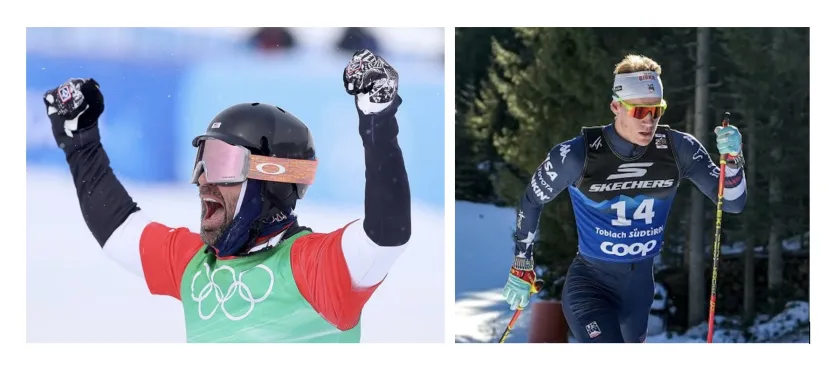 Baumgartner (left) celebrating gold in 2022; and Ketterson representing Team USA during the 10 k Classic in Toblach, Italy, as part of the 2026 Tour de Ski Photo: Vanzetta/NordicFocus)
