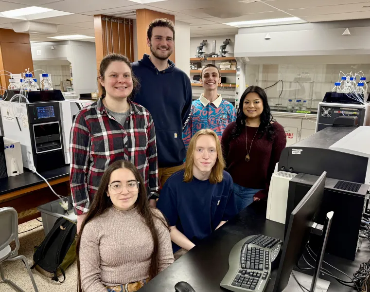 Maris Cinelli, standing left, with her team of "alkaloid hunters" (clockwise from Cinelli's right): Ian Grochowski, Joey Diviny, Ishani Sharma, Tyler Watson and Sabrina Mata.