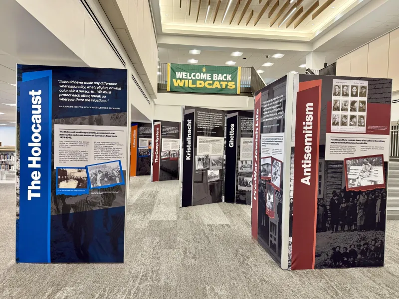 Holocaust exhibition panels in NMU's Olson Library