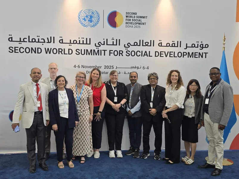 NMU Social Work faculty Karl Johnson (second from left), Vikash Kumar (fifth from right) and Caroline Cheng (second from right) with colleagues at the Second World Social Summit on Social Development, Doha, Qatar. Other participants included representatives the International Consortium for Social Development.