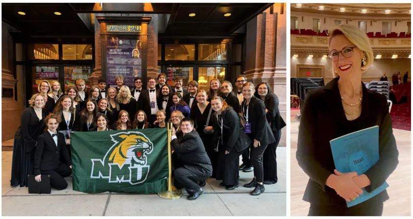 Colwitz (third row, far left) with the NMU Arts Chorale by the Carnegie marquee