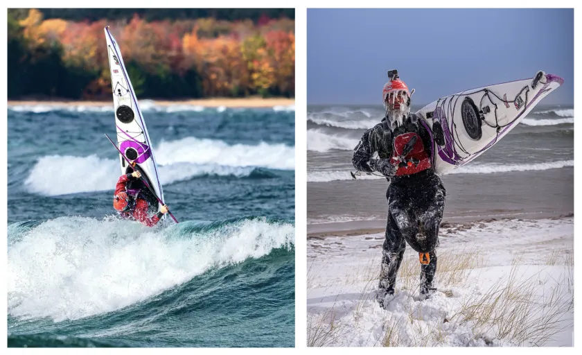 Lasak going vertical in fall waves; and adorned with ice after winter kayak surfing (James Lasak photos)