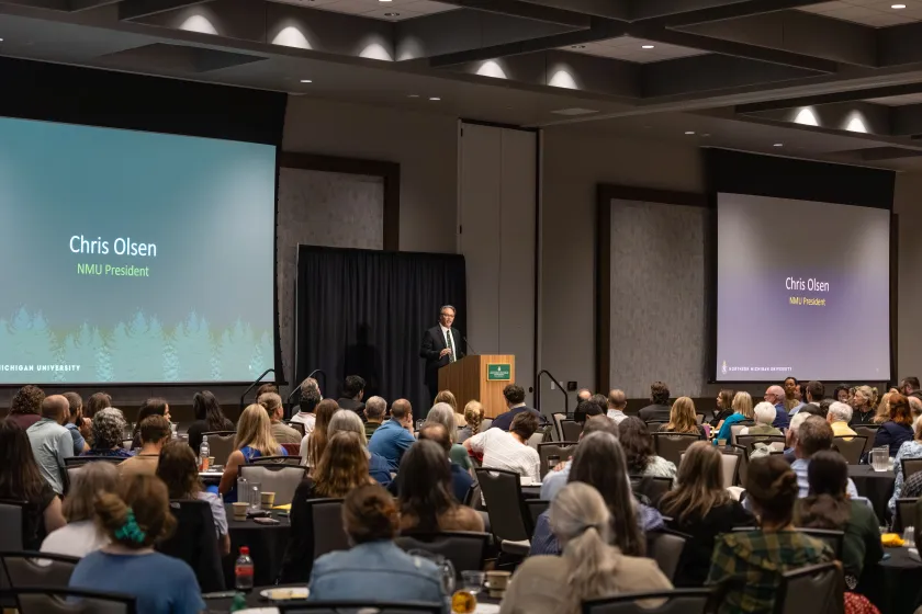 NMU President Chris Olsen delivers his first convocation address to a packed house in the Northern Center ballrooms.