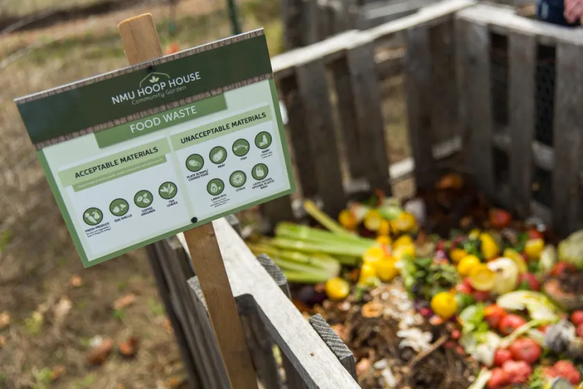 A compost bin for NMU's Hoop House. October is Sustainability month at NMU, and will feaure events and speakers all month long, including work days at the Hoop House.