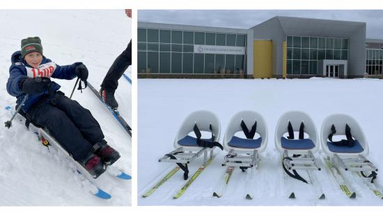 Oskar on a borrowed sit-ski at the Noque (Melissa Alan photo); and the four new sit-skis built at NMU for the SSC (Kevin Carr photo).