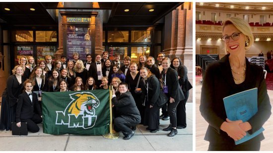 Colwitz (third row, far left) with the NMU Arts Chorale by the Carnegie marquee