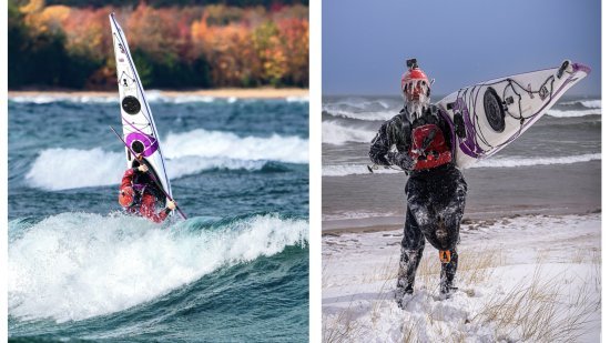 Lasak going vertical in fall waves; and adorned with ice after winter kayak surfing (James Lasak photos)
