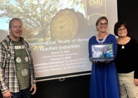 Betz (middle) with CMU's Johnson and Klocko (and NMU's Bergh on the laptop, watching remotely)