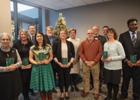 From left: Gold, Cameron-Standerford, Marquardson, McFawn, Technology and Occupational Sciences Dean Bob Eslinger, Glendening, Provost Kerri Schuiling, President Fritz Erickson, College of Arts and Sciences Dean Rob Winn, Vice President for Extended Learning and Community Engagement Steve VandenAvond, Ulland and Essila.