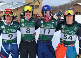 From left: NMU students Lundteigen and Seaborg; and MSHS students Aaron Grzelak, who finished second in Sunday's slalom, and Ty Springer.