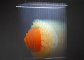 “Crust Mantle Core”, 24″x 19″x 15.5″, tinted acrylic medium on layers of polyester film, 2020 (Russell Prather photo)