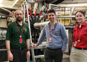 From left: Mengyan, Rui Vilao (University of Coimbra, Portugal) and Goeks in front of an instrument while working on an experiment at Rutherford Appleton Laboratory