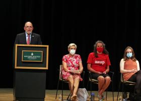Erickson (left) with Provost Kerri Schuiling, Academic Senate Chair Norma Froelich and ASNMU President Bethany Beavers