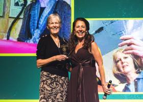 Mulligan-Kehoe (left) with co-emcee Cynthia Thompson